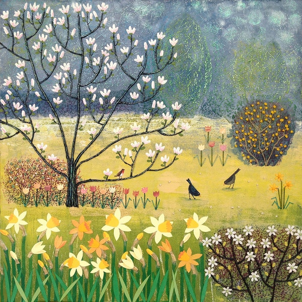 Canvas print of English country garden in spring with daffodils from an original mixed media painting 'Spring Garden' by Jo Grundy