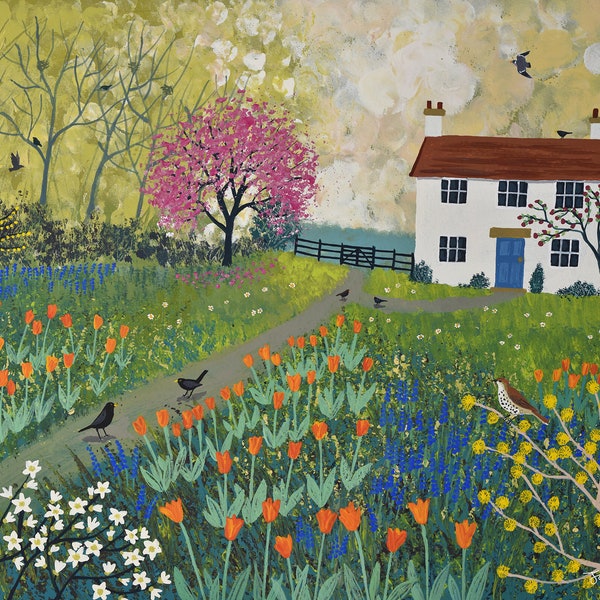 16 x 20" Canvas print of spring garden, white cottage and tulips from an acrylic original painting 'Spring at Tulip Cottage' by Jo Grundy