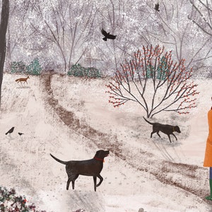 May include: An illustrated winter scene depicts a snowy forest path with a person in an orange coat and a red scarf, two black dogs, and a deer. Bare trees and a tree with red berries are also visible.
