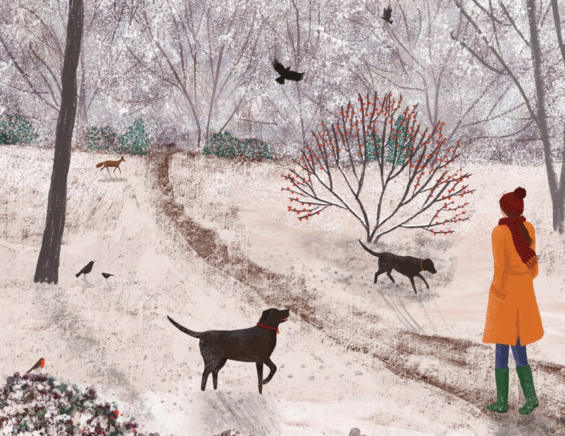 May include: An illustrated winter scene depicts a snowy forest path with a person in an orange coat and a red scarf, two black dogs, and a deer. Bare trees and a tree with red berries are also visible.