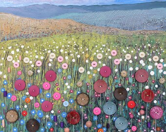 12 x 12 inch canvas print of English country meadow from an original mixed media painting 'Button Meadow' by Jo Grundy