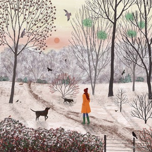 Winter print on canvas with dog walker from a digitally created image &#39;A Chilly Day for a Walk&#39; by Jo Grundy available in two sizes