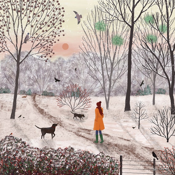 Winter print on canvas with dog walker from a digitally created image 'A Chilly Day for a Walk' by Jo Grundy available in two sizes