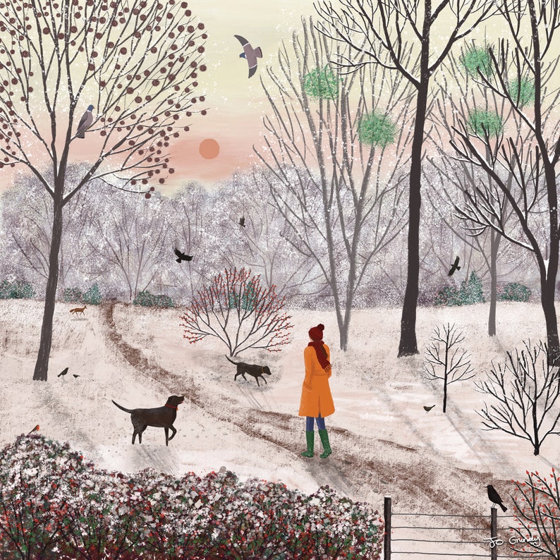 May include: An illustrated winter scene depicts a snowy path through a forest. A person in an orange coat and green boots walks with two black dogs. Bare trees, birds, and a red sun complete the peaceful landscape.
