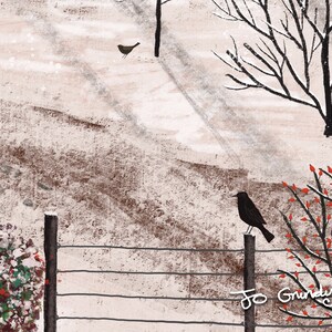 May include: An artistic illustration of a winter landscape with a black bird perched on a fence post. Bare trees and snow-covered ground create a serene, wintry scene. Red berries add a pop of color against the muted tones.