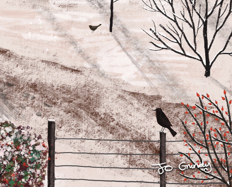 May include: An artistic illustration of a winter landscape with a black bird perched on a fence post. Bare trees and snow-covered ground create a serene, wintry scene. Red berries add a pop of color against the muted tones.
