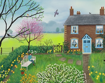 Print on paper of a spring cottage with wildlife from an image created on Procreate titled 'Sitting in the Spring Sunshine' by Jo Grundy