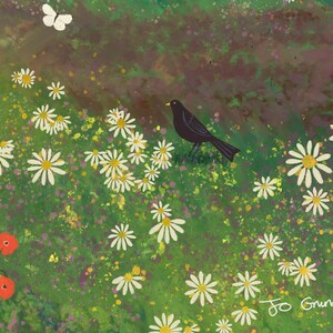 May include: A black bird stands in a field of white daisies with a green background. The bird is facing left and has a black beak. There are red poppies in the bottom left corner of the image. The artist's signature, "Jo Grundy", is in the bottom right corner.