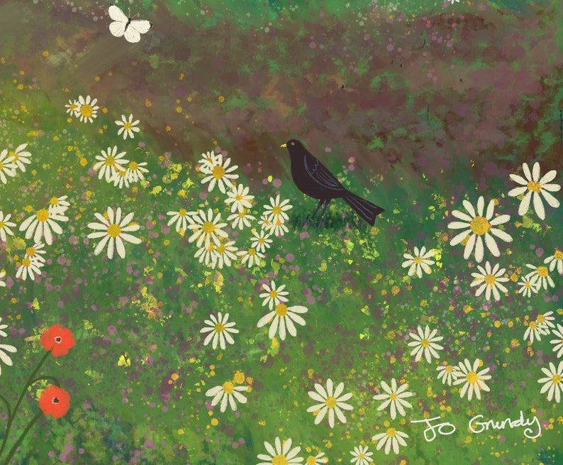 May include: A black bird stands in a field of white daisies with a green background. The bird is facing left and has a black beak. There are red poppies in the bottom left corner of the image. The artist's signature, "Jo Grundy", is in the bottom right corner.
