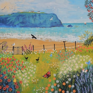 Print on paper of garden by the sea with flowers and butterflies from an original acrylic painting 'Garden Beside the Sea' by Jo Grundy