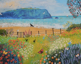 Print on paper of garden by the sea with flowers and butterflies from an original acrylic painting 'Garden Beside the Sea' by Jo Grundy