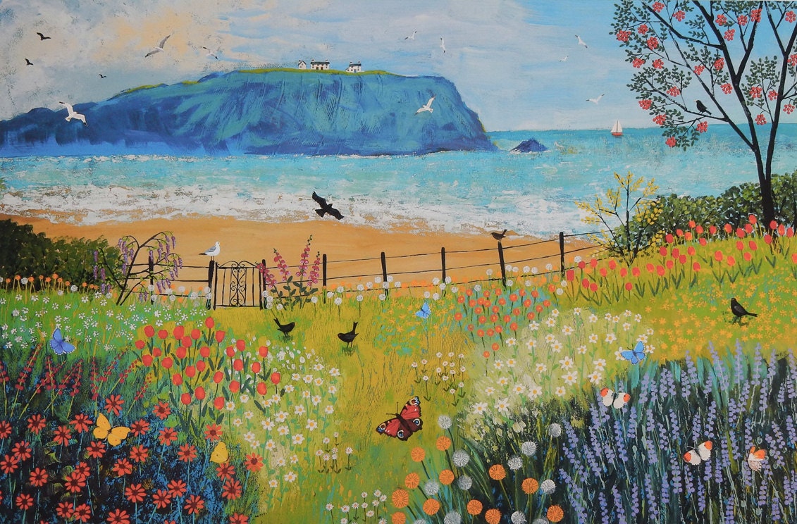 Print on Paper of Garden by the Sea With Flowers and Butterflies