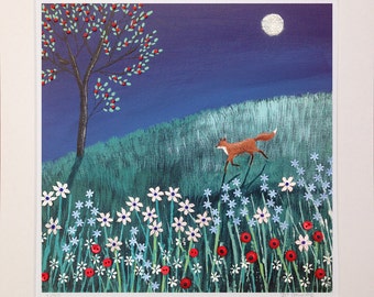 Mounted print of night scene with moon and fox from an original mixed media painting 'Midnight Fox' by Jo Grundy