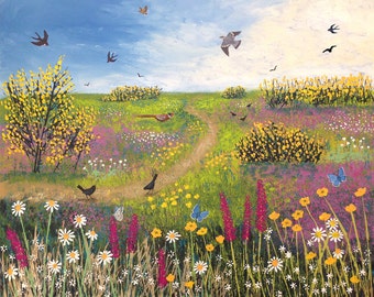 Mounted print of English landscape from an acrylic original painting 'Across the Common' by Jo Grundy