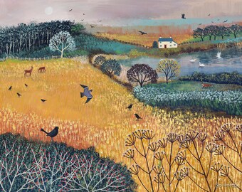 16 x 20" Canvas print of a harvest landscape with white cottage and wildlife from an acrylic original painting 'Harvest Home' by Jo Grundy