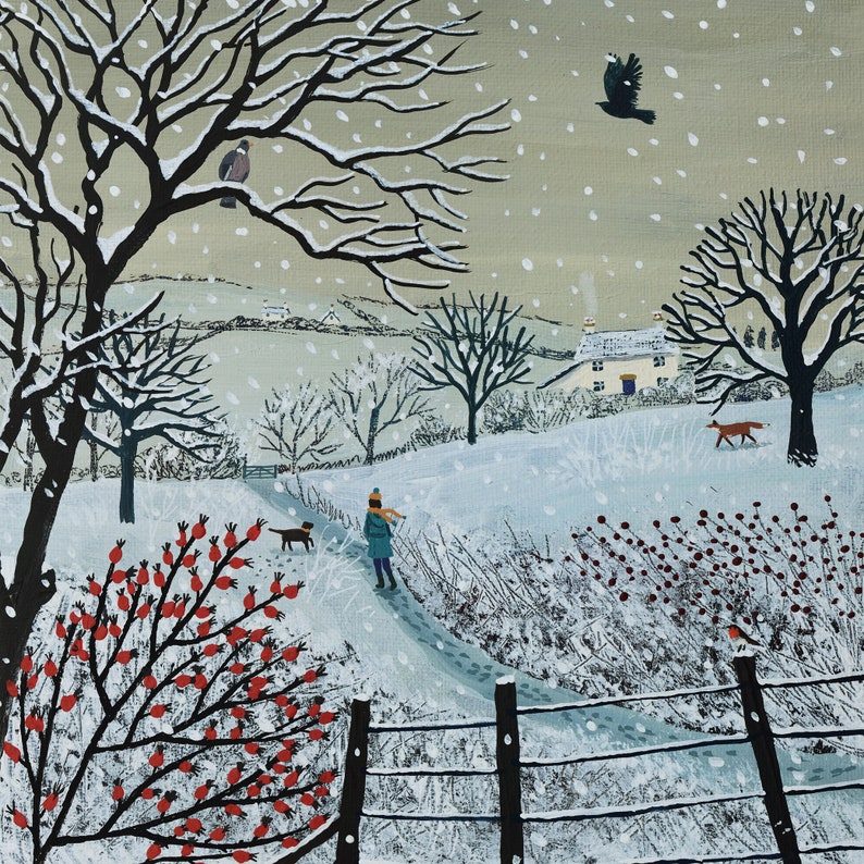 Print on paper of snow scene with dog walker from an original acrylic painting 'A Snowy Walk' by Jo Grundy image 1