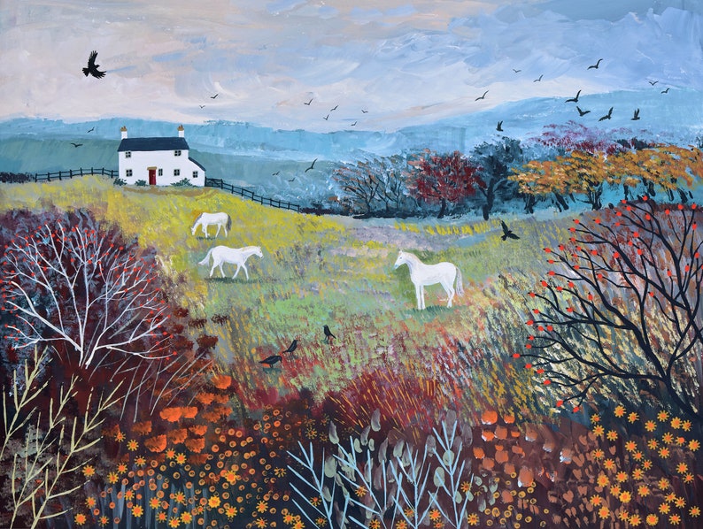 Print On Paper Of Countryside In Autumn With Horses And White Etsy