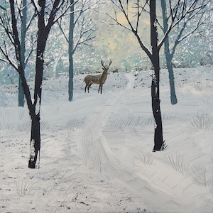 Winter print of the English countryside in winter of a wood with stag from an original acrylic painting 'Stag in the Snow' by Jo Grundy