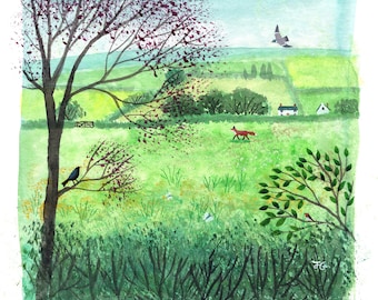 Print on paper of a landscape with fox printed from an original acrylic ink painting 'In Sight of the Sea' by Jo Grundy