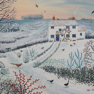 May include: A white cottage with a blue door and windows sits on a snowy hill. The cottage is surrounded by trees and bushes, and there are birds flying in the sky. The scene is painted in a whimsical style, with a touch of whimsy.