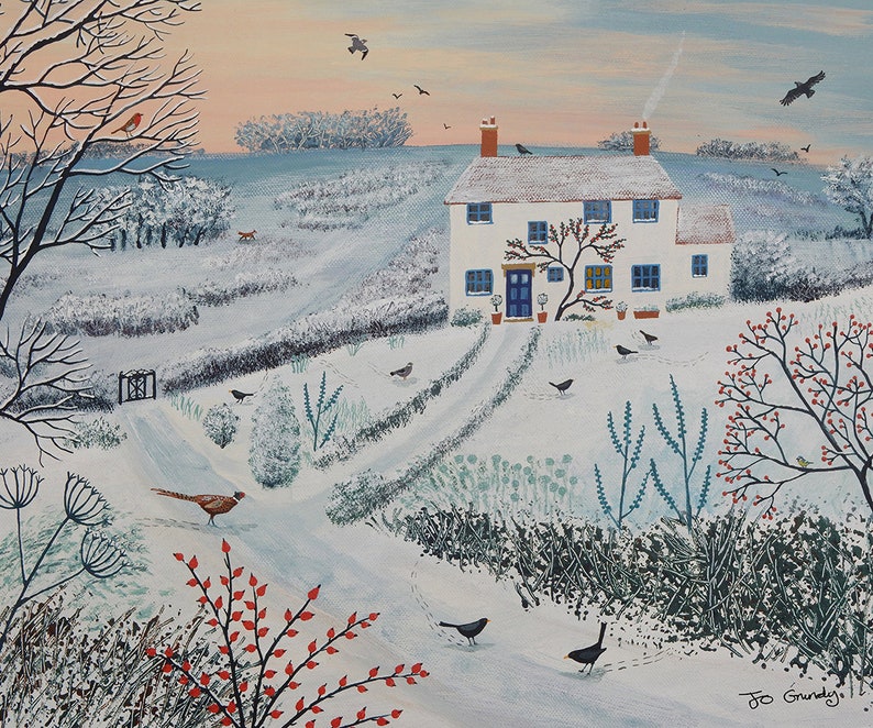 May include: A white cottage with a blue door and windows sits on a snowy hill. The cottage is surrounded by trees and bushes, and there are birds flying in the sky. The scene is painted in a whimsical style, with a touch of whimsy.