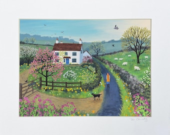 Walking Past April Cottage, 10 x 8 inch mounted print of a spring landscape with a white cottage, and dog walker designed by Jo Grundy