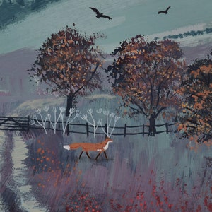 May include: A painting of a rural landscape with a fox walking on a path through a field. The sky is a light blue with a few clouds. There are trees on either side of the path, and a fence in the background. The fox is brown and white, and its tail is curled up.