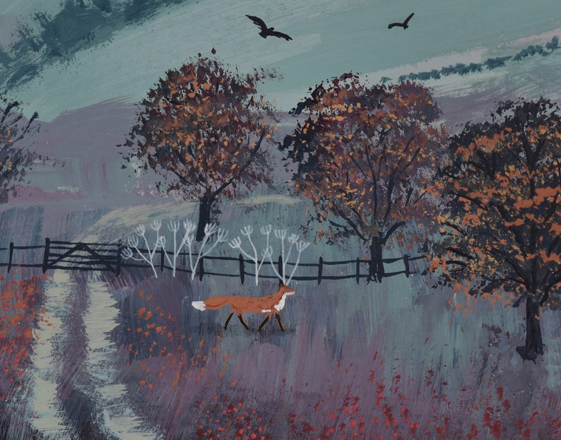 May include: A painting of a rural landscape with a fox walking on a path through a field. The sky is a light blue with a few clouds. There are trees on either side of the path, and a fence in the background. The fox is brown and white, and its tail is curled up.