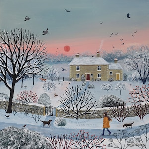 Print on paper of winter scene with cottage and dog walker from an original acrylic painting 'Nearly Home' by Jo Grundy