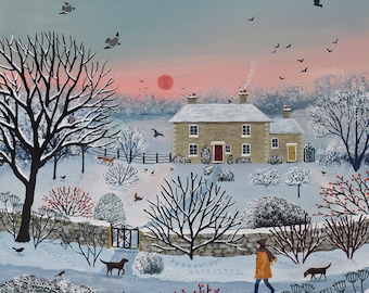 Print on paper of winter scene with cottage and dog walker from an original acrylic painting 'Nearly Home' by Jo Grundy