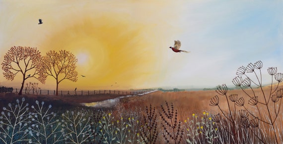 Print on paper of an autumn landscape with glowing sun, and pheasant from an original acrylic painting 'Autumn Glow' by Jo Grundy