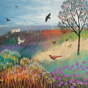 Canvas print of English landscape with Rowan tree from an original acrylic painting &#39;The Rowan Tree&#39; by Jo Grundy available in two sizes