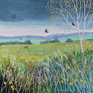 Print on paper of landscape with stormy sky, fox and swallows from an original painting &#39;Approaching Storm&#39; by Jo Grundy