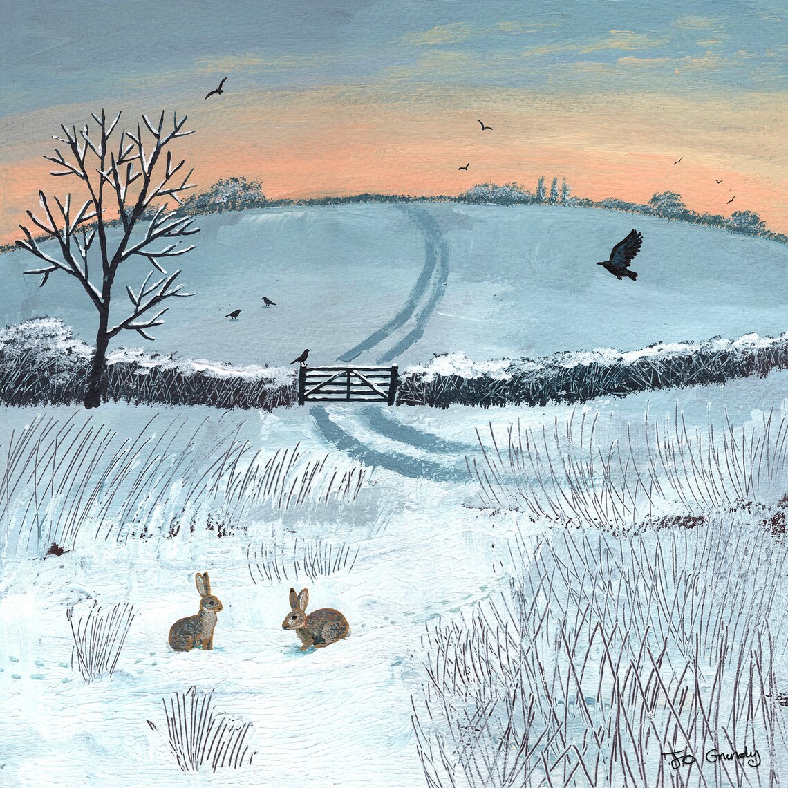 Canvas Print of Winter Scene With Rabbits From an Original Acrylic ...