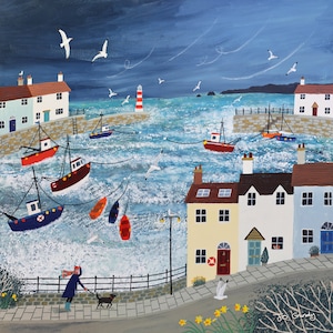 Canvas print of a stormy harbour seascape from an original acrylic painting 'Stormy Harbour' by Jo Grundy available in two sizes