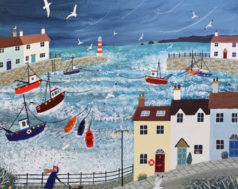 Canvas print of a stormy harbour seascape from an original acrylic painting &#39;Stormy Harbour&#39; by Jo Grundy available in two sizes