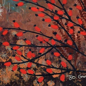 May include: A painting of a stylized landscape with red berries on branches, white flowers, and a brown background. The artist's signature, "Jo Grundy", is in the bottom right corner.