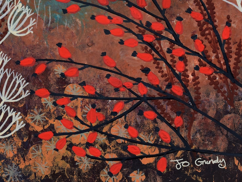 May include: A painting of a stylized landscape with red berries on branches, white flowers, and a brown background. The artist's signature, "Jo Grundy", is in the bottom right corner.