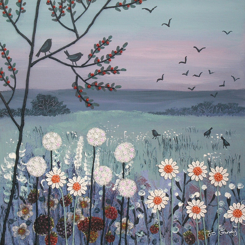 May include: A painting of a whimsical landscape with a tree, birds, and flowers. The sky is a soft blue with a pink hue, and the ground is covered in white dandelions and other flowers. The tree has red berries and a few birds perched on its branches. The painting is done in a style that is both realistic and abstract.