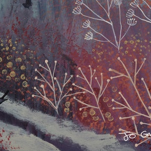 May include: A blackbird walks on a path through a purple and red landscape with white branches and yellow dots. The artist's signature, "Jo Grundy", is in the bottom right corner.