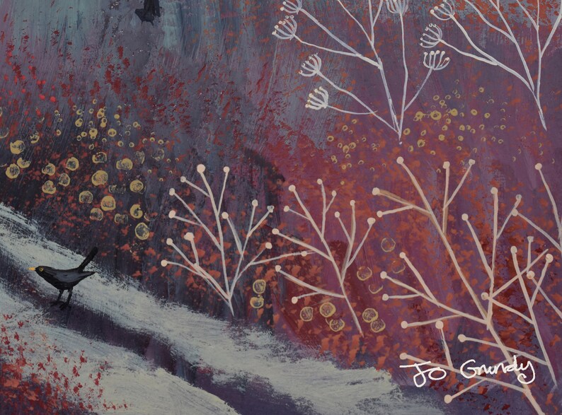 May include: A blackbird walks on a path through a purple and red landscape with white branches and yellow dots. The artist's signature, "Jo Grundy", is in the bottom right corner.