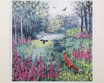 Mounted print of English countryside with fox from an original acrylic painting 'Through the Foxgloves' by Jo Grundy