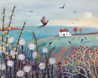 Print on paper of countryside in autumn with pheasant and white cottage from an original mixed media painting 'Autumn Morning' by Jo Grundy