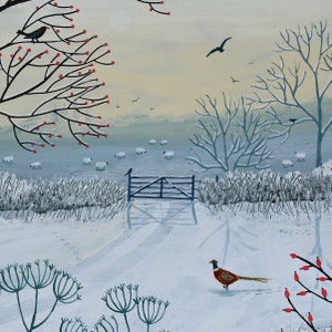 May include: A winter scene with a snowy field, a wooden gate, and a pheasant standing in the snow. The background features a bare tree with red berries and a flock of sheep in the distance.