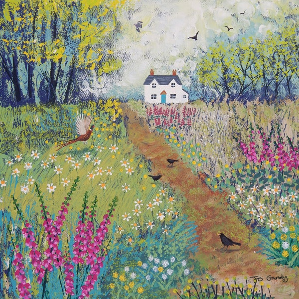 Canvas print of landscape with white cottage and foxgloves from an original acrylic painting 'The Path to Foxglove Cottage' by Jo Grundy