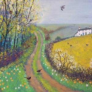 Print on paper of English countryside in spring with lane, cottage and birds from an original acrylic painting ' Spring Lane' by Jo Grundy