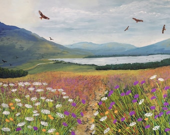 Print on paper of a Scottish landscape with red kites from an original acrylic painting 'Red Kites Over Loch Tulla' by Jo Grundy