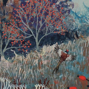 May include: A painting of a pheasant flying through a wintery forest scene. The pheasant is brown, white, and black with a long tail. The forest is painted in shades of blue, green, and brown with red berries on the trees.