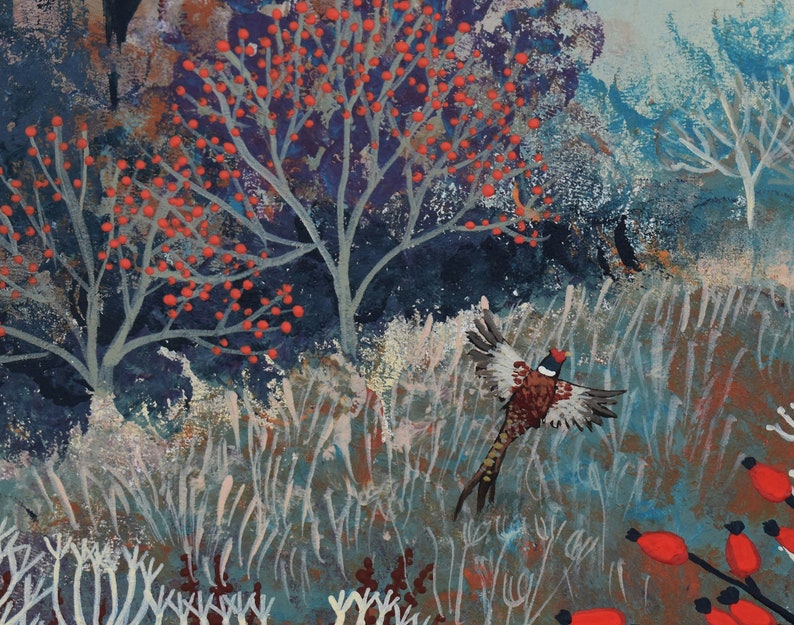 May include: A painting of a pheasant flying through a wintery forest scene. The pheasant is brown, white, and black with a long tail. The forest is painted in shades of blue, green, and brown with red berries on the trees.