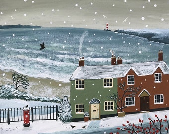 Winter print of seaside with cottages, postbox and birds from an original acrylic painting 'Snowing by the Sea' by Jo Grundy